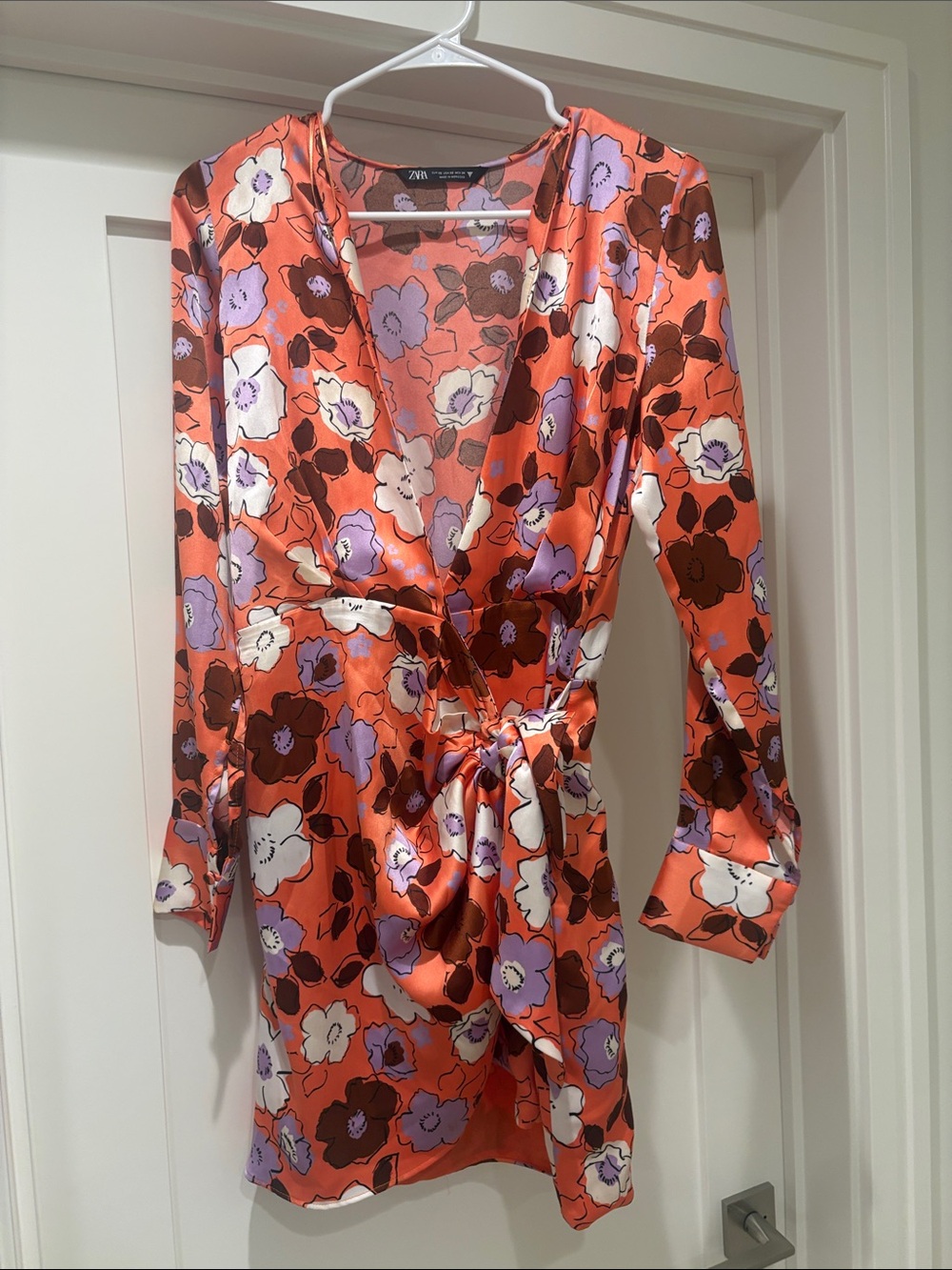 Zara Coral-Orange Floral Satin Wrap Dress